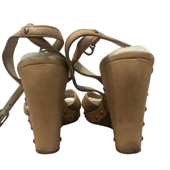 UGG Australia Tan Leather Wedge Sandals Shearling Footbed Studded Size 8.5 - Picture 5 of 12